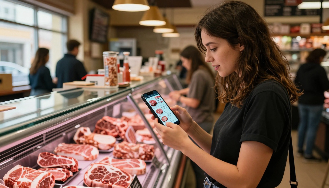 Customer browsing a digital meat catalog on her smartphone while standing at a butcher shop display case