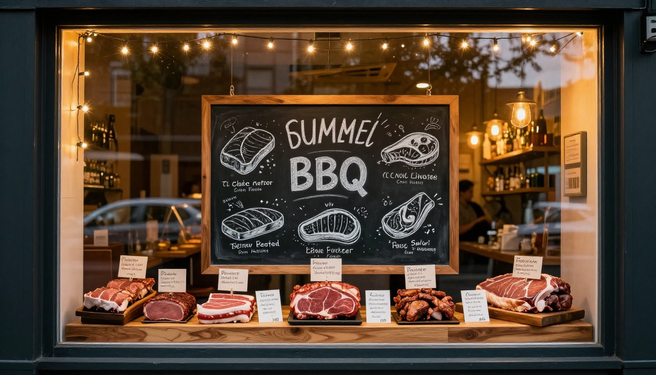 Artisan butcher shop seasonal window display with a hand-illustrated chalkboard and curated BBQ cuts Artisan butcher shop seasonal window display with a hand-illustrated chalkboard and curated BBQ cuts