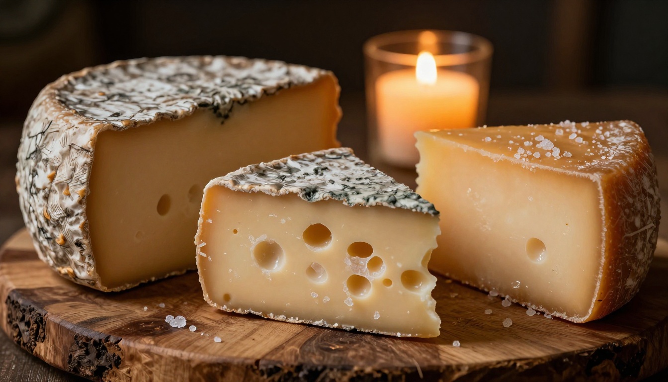 Artisan cheese wheels on a rough-hewn oak board showing rind texture and honeycombed interior paste in warm candlelight Artisan cheese wheels on a rough-hewn oak board showing rind texture and honeycombed interior paste in warm candlelight