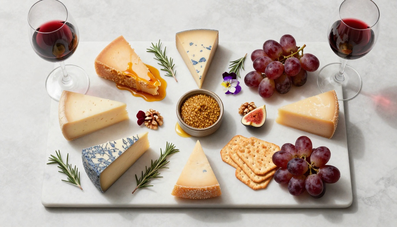 Overhead aerial flat-lay of artisan cheese pairing board with honeycomb, grapes, figs, walnuts, crackers, and wine glasses on marble Overhead aerial flat-lay of artisan cheese pairing board with honeycomb, grapes, figs, walnuts, crackers, and wine glasses on marble