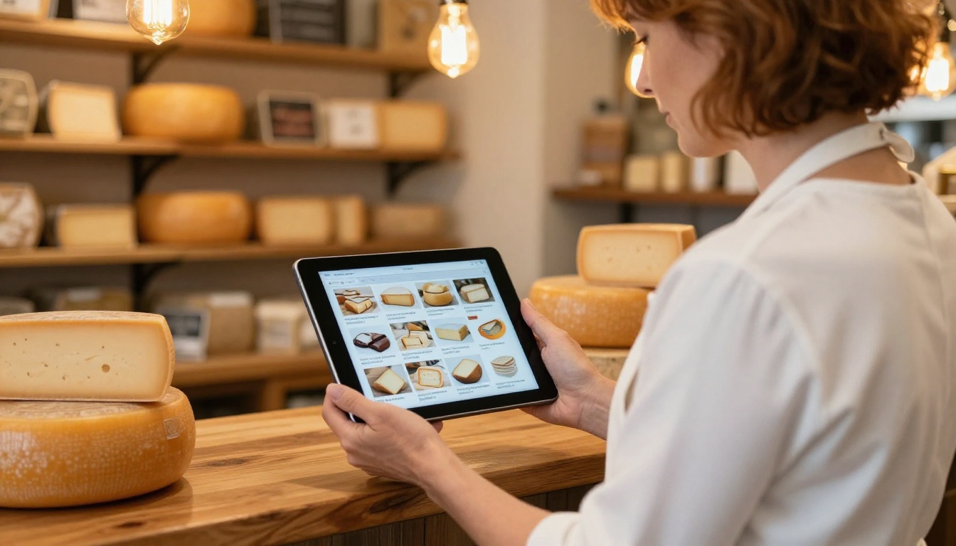 Cheese shop owner in white apron holding a tablet displaying a beautifully formatted digital product catalog, warm Edison bulb ambiance behind the wooden counter Cheese shop owner in white apron holding a tablet displaying a beautifully formatted digital product catalog, warm Edison bulb ambiance behind the wooden counter
