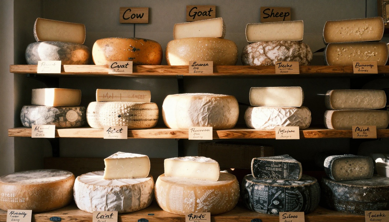 Organized cheese shop shelving with sections labeled by milk type, warm late-afternoon sidelight casting depth and shadow across the display Organized cheese shop shelving with sections labeled by milk type, warm late-afternoon sidelight casting depth and shadow across the display
