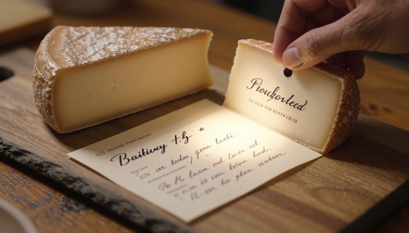 Close-up of elegant hand-written tasting notes and artisan price tags beside an aged cheese wedge on a dark slate serving board Close-up of elegant hand-written tasting notes and artisan price tags beside an aged cheese wedge on a dark slate serving board