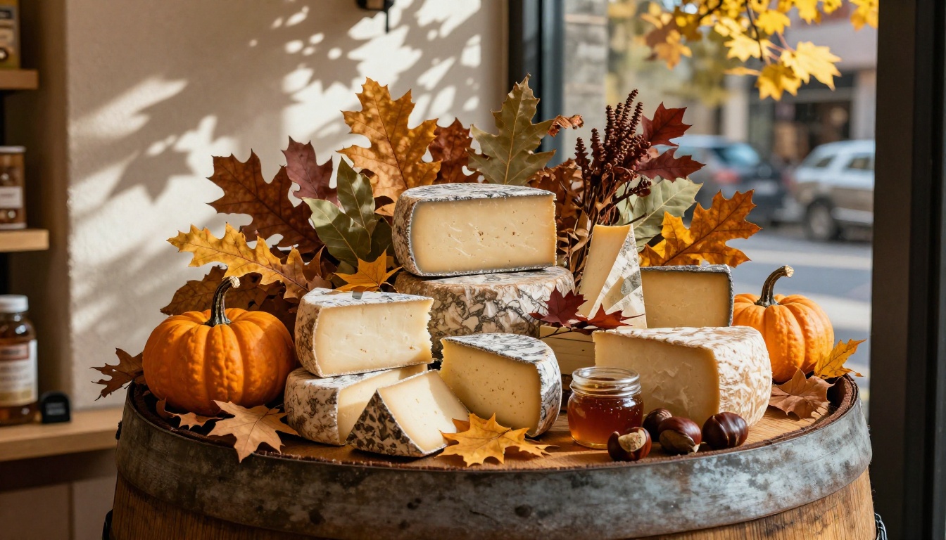 Seasonal autumn cheese display on a rough oak barrel cross-section with small pumpkins, dried bay leaves, chestnuts, and a jar of truffle honey, dappled warm window light