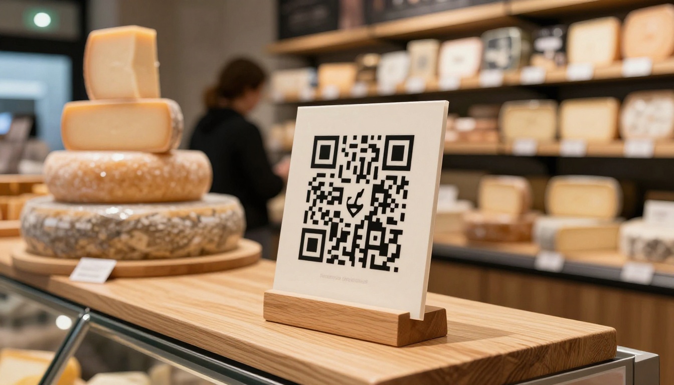 QR code placard on a polished wooden stand beside a tiered cheese display, a customer browsing shelves in soft background focus