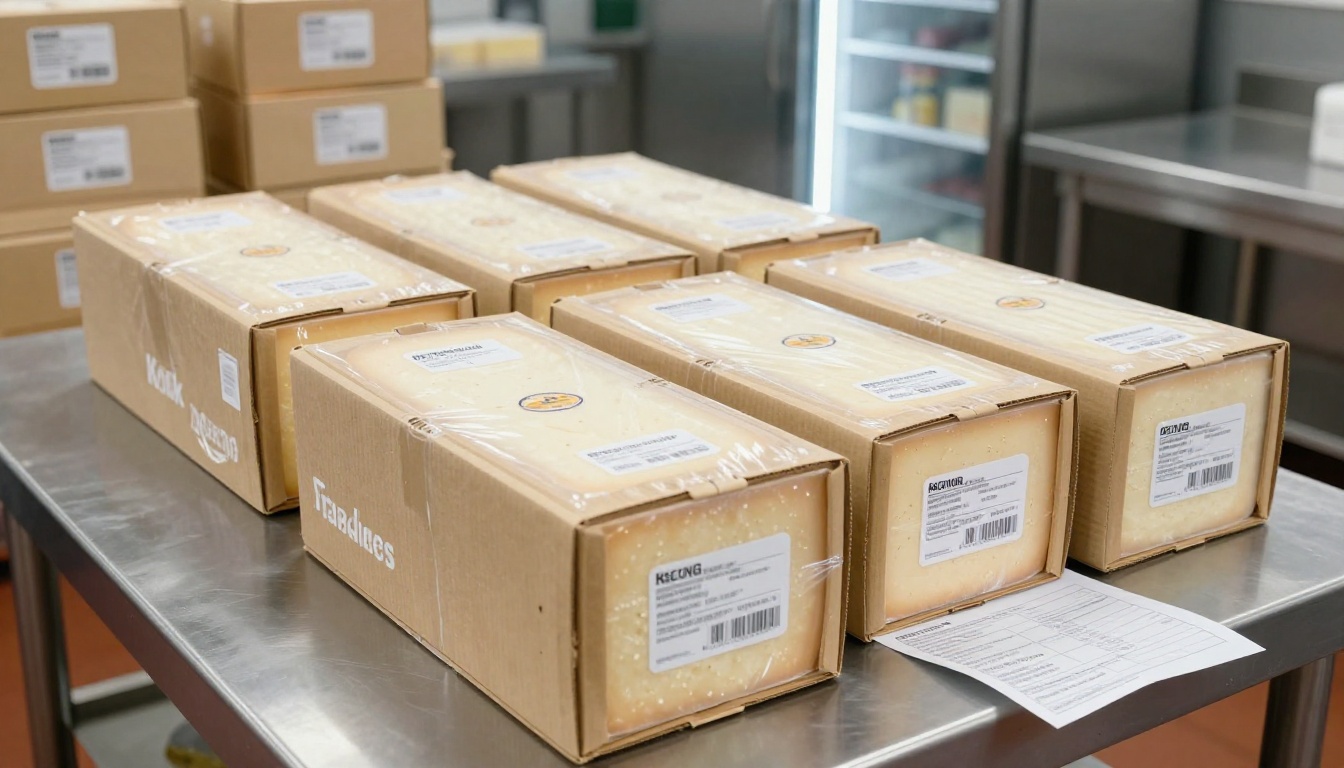 Wholesale cheese boxes being carefully packed on a stainless steel table, wax-wrapped portions labeled and placed in kraft paper-lined wooden crates