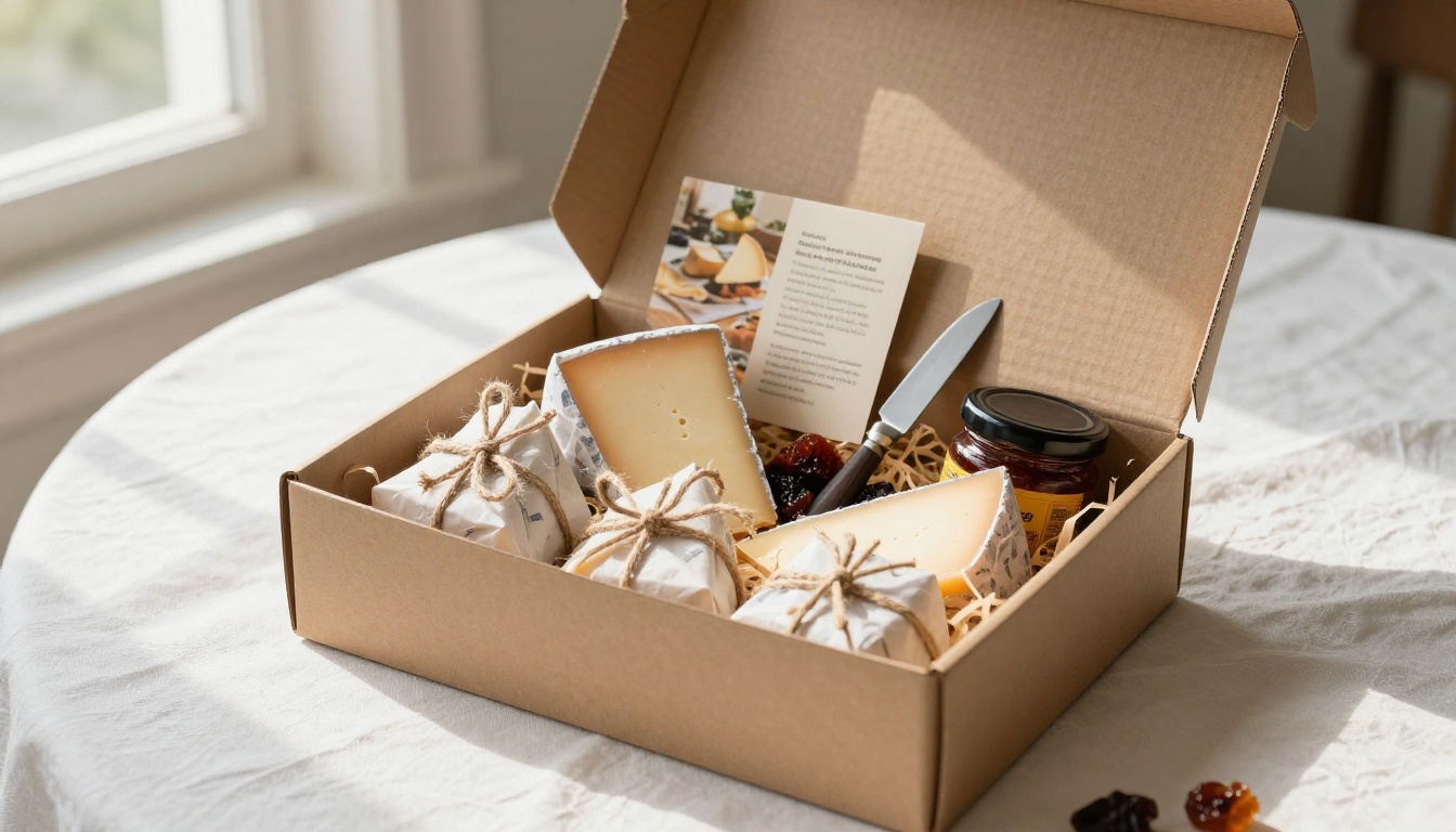 Elegant artisan cheese gift box open on white linen, filled with wax-wrapped wedges, fruit preserve, a small knife, and a folded catalog card tucked in the lid