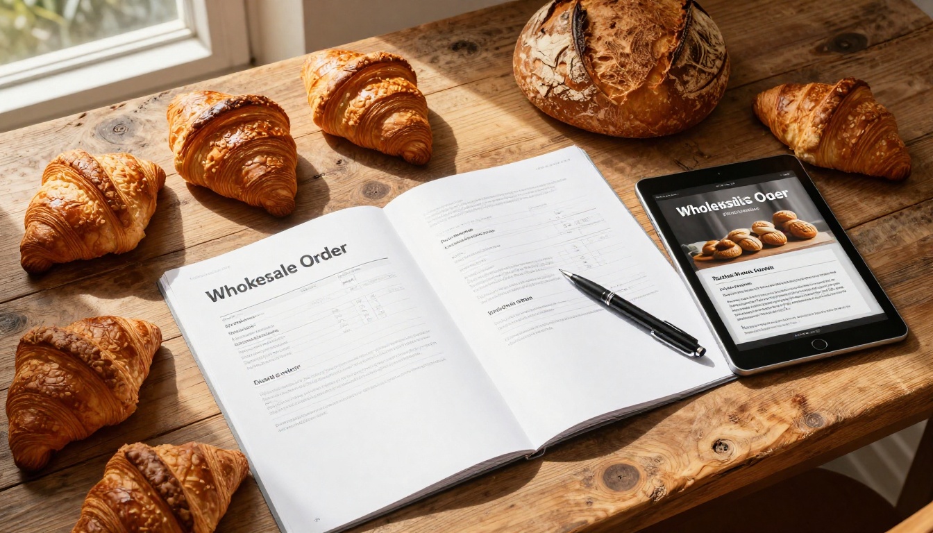 Artisan bakery wholesale catalog alongside digital flipbook equivalent on reclaimed wood table, overhead aerial view