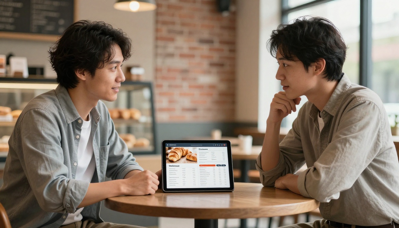 Bakery salesperson and retail grocery buyer reviewing digital flipbook catalog on tablet at café table
