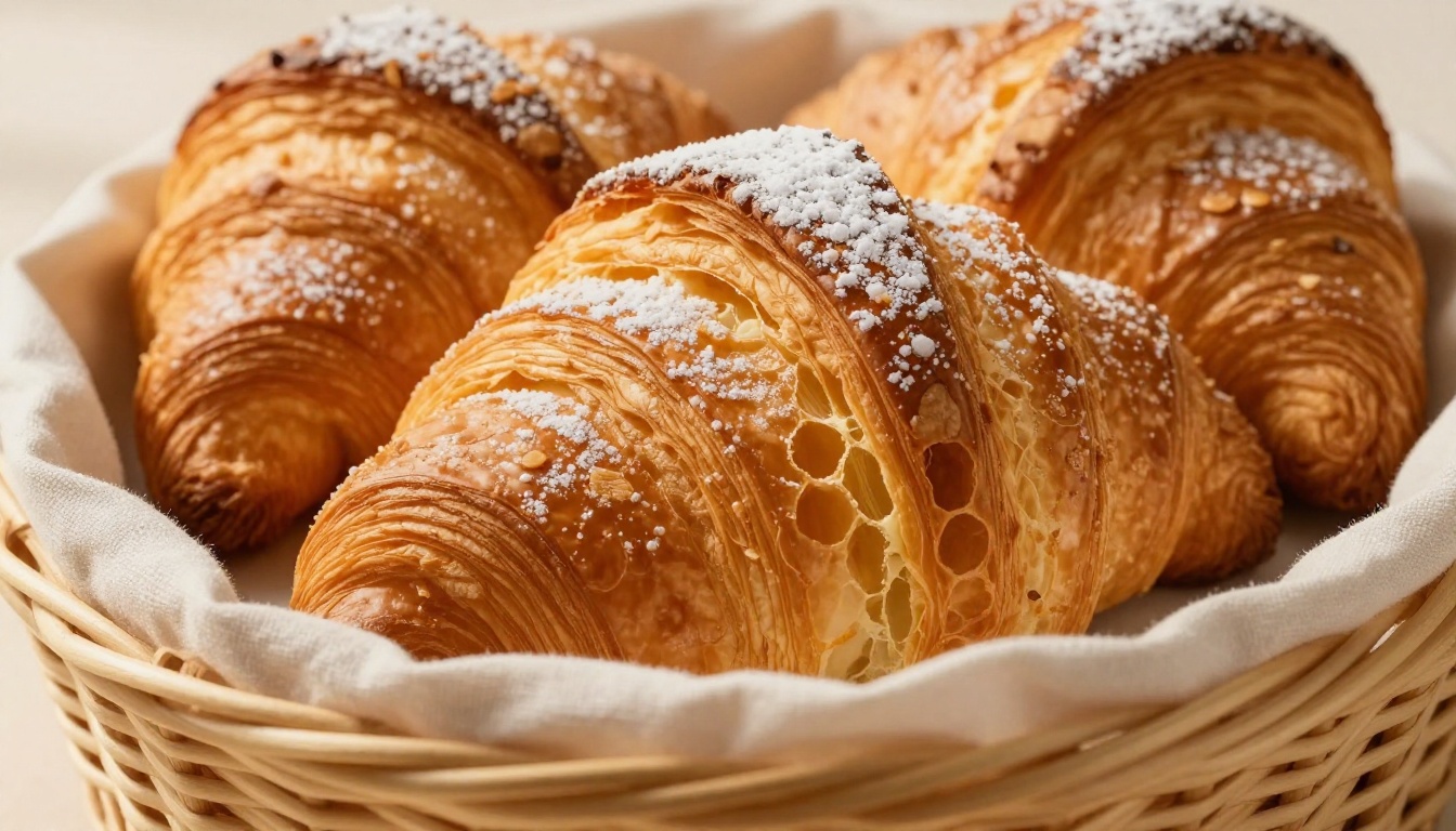 Close-up of freshly baked artisan croissants with golden laminated layers in wicker bread basket, morning light
