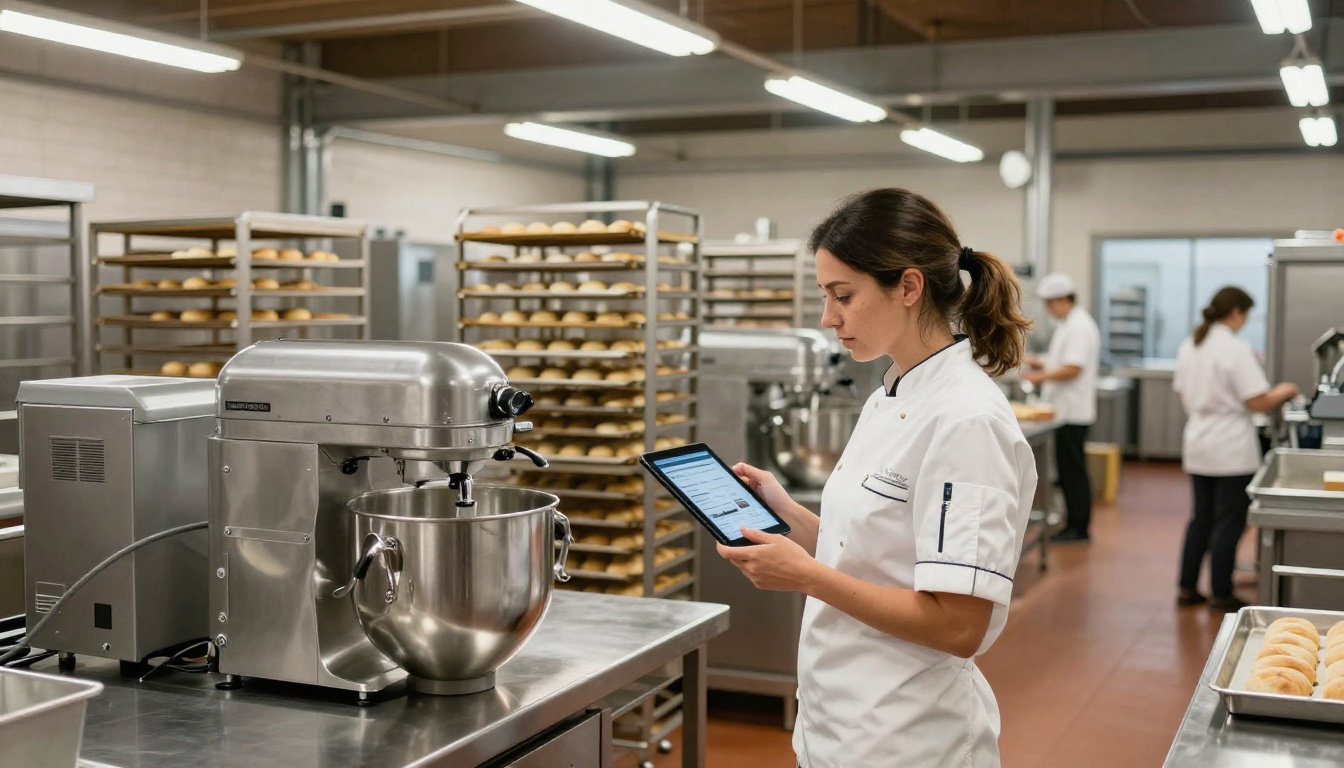 Female bakery manager in chef whites holding tablet on professional industrial production floor with stainless steel equipment