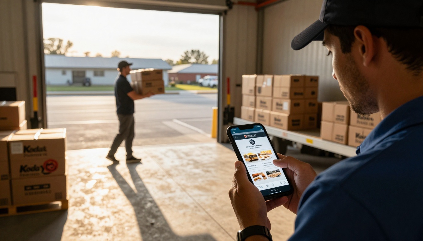 Artisan bakery delivery driver checking smartphone flipbook catalog at loading dock, morning golden-hour light