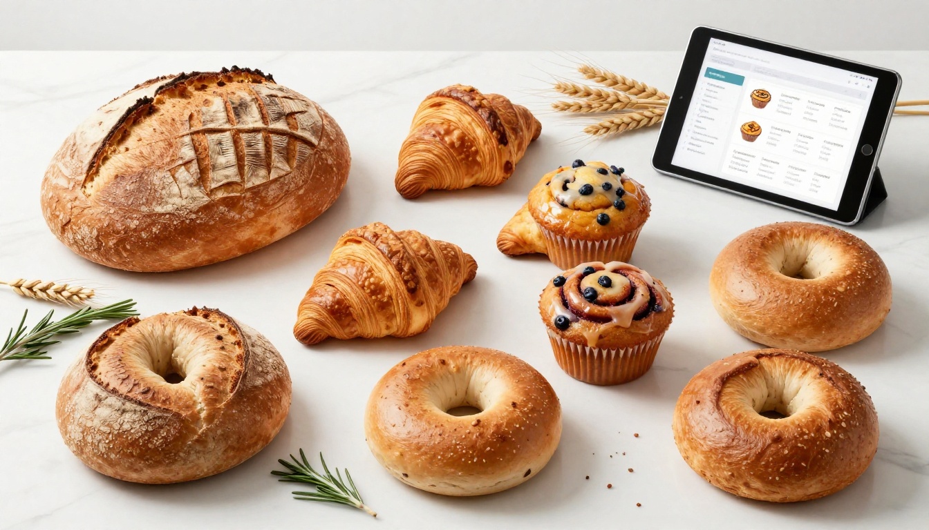 Top-down flatlay of artisan bakery wholesale product spread on marble with sourdough, croissants, muffins and tablet showing digital catalog Top-down flatlay of artisan bakery wholesale product spread on marble with sourdough, croissants, muffins and tablet showing digital catalog