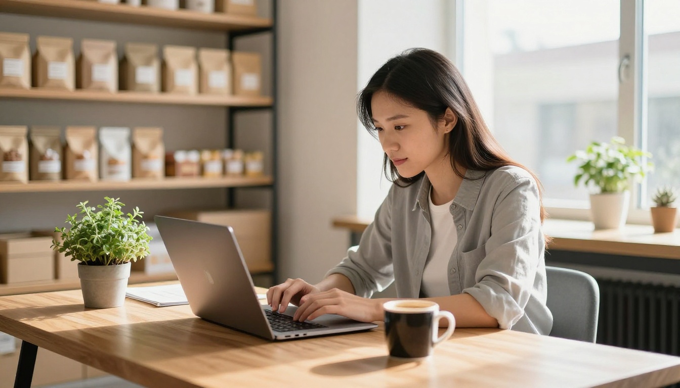 Bakery business owner reviewing analytics dashboard on laptop at desk with natural window light Bakery business owner reviewing analytics dashboard on laptop at desk with natural window light