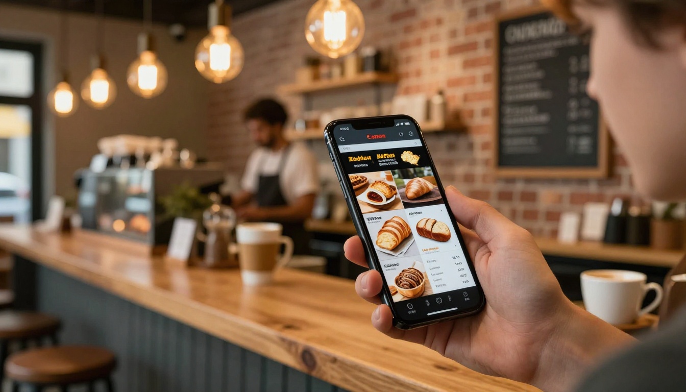 Café owner browsing bakery digital flipbook on smartphone at wooden café counter with warm Edison bulb lighting Café owner browsing bakery digital flipbook on smartphone at wooden café counter with warm Edison bulb lighting