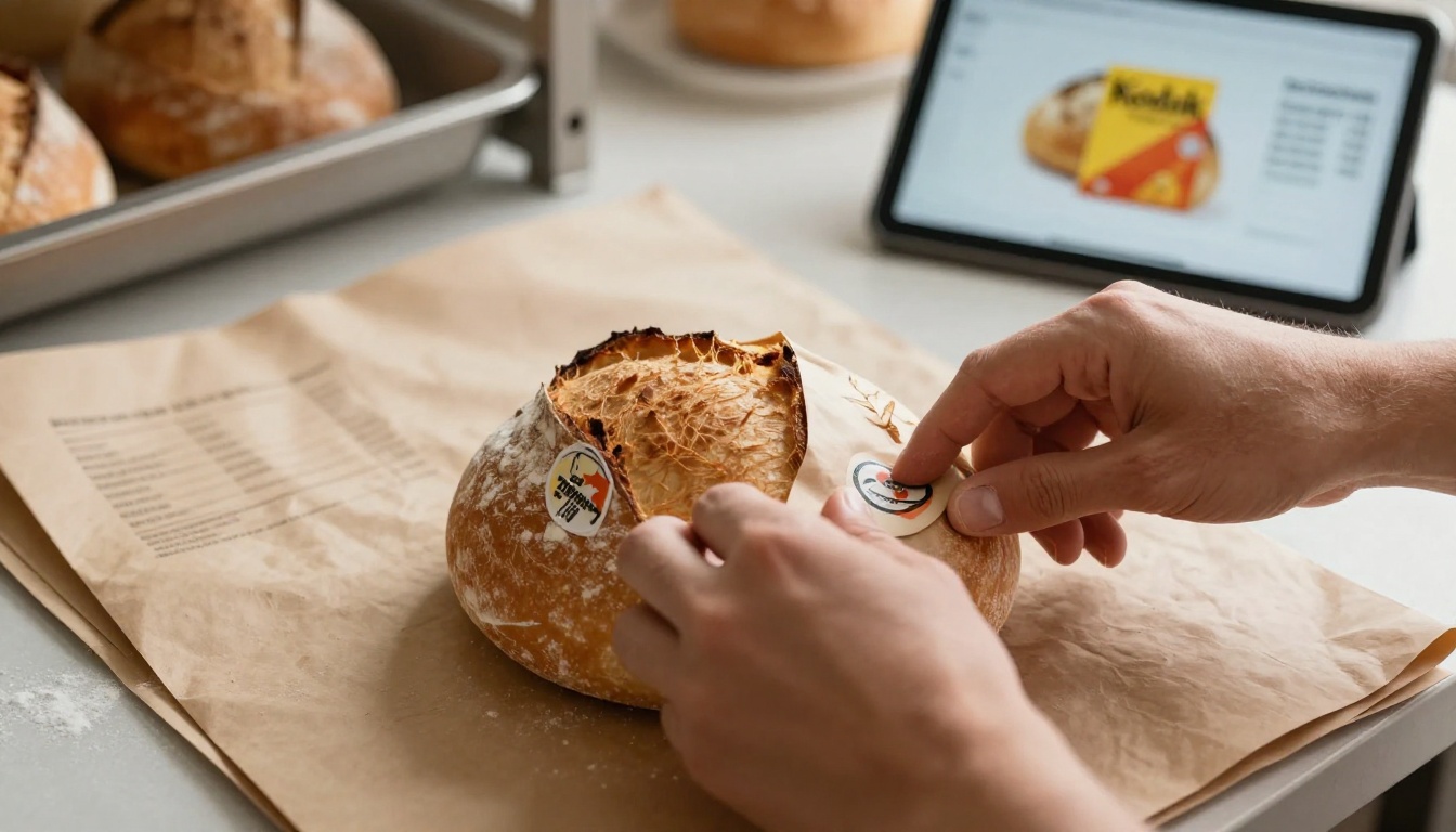 Close-up of baker's flour-dusted hands wrapping sourdough in kraft paper with tablet showing digital flipbook in background Close-up of baker's flour-dusted hands wrapping sourdough in kraft paper with tablet showing digital flipbook in background