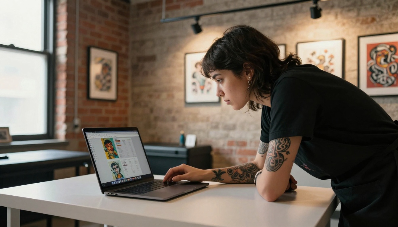 Tattoo artist sitting at consultation desk showing digital portfolio to a client on a laptop
