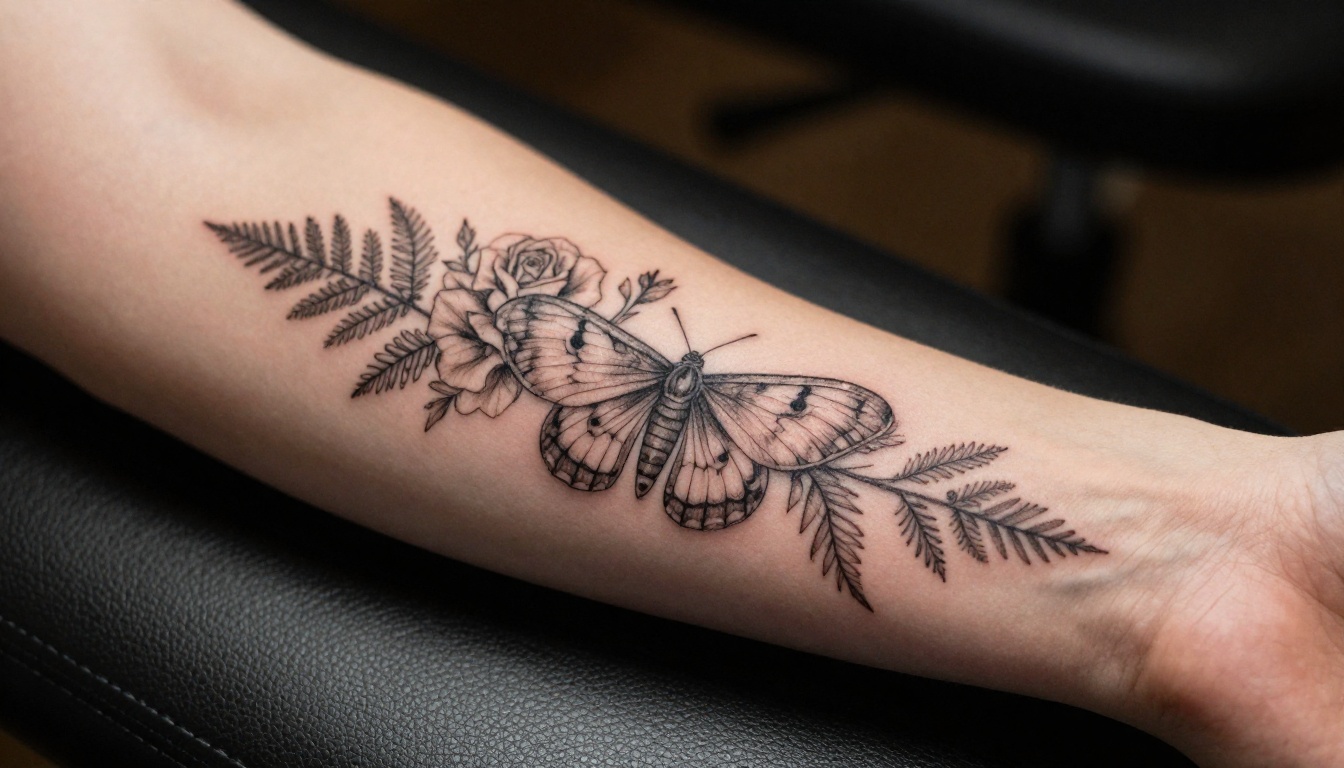 Close-up of intricate fine-line botanical tattoo on a woman's forearm with delicate linework