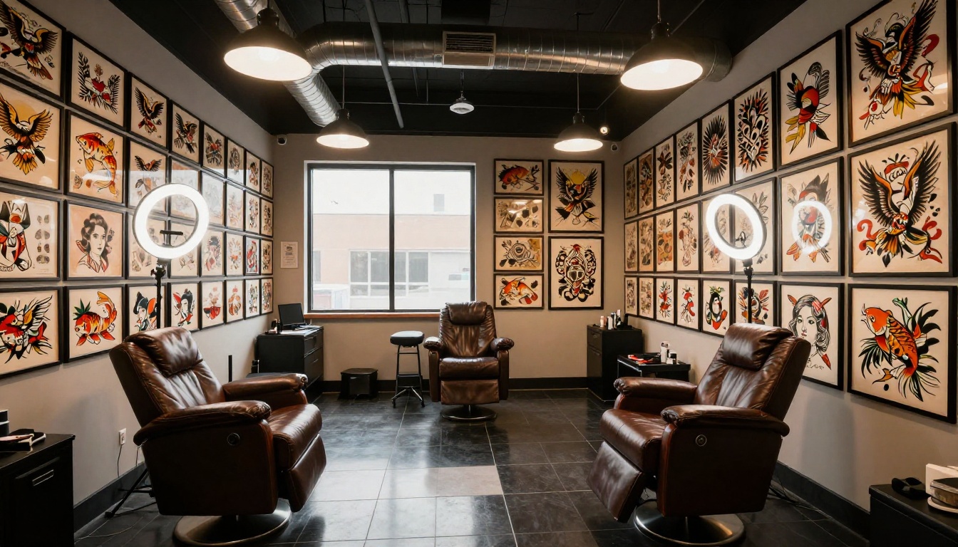Tattoo studio interior with high ceilings and walls covered floor-to-ceiling in framed flash art