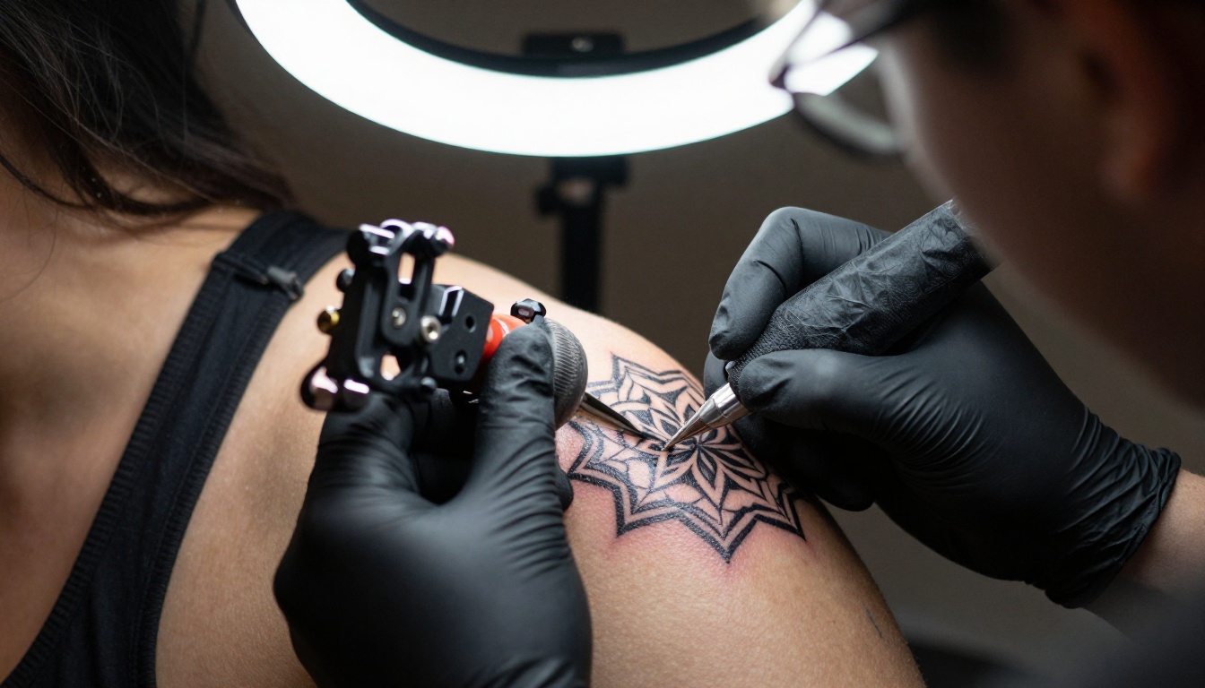 Close-up overhead of tattoo artist's hands working a rotary machine on a geometric mandala tattoo