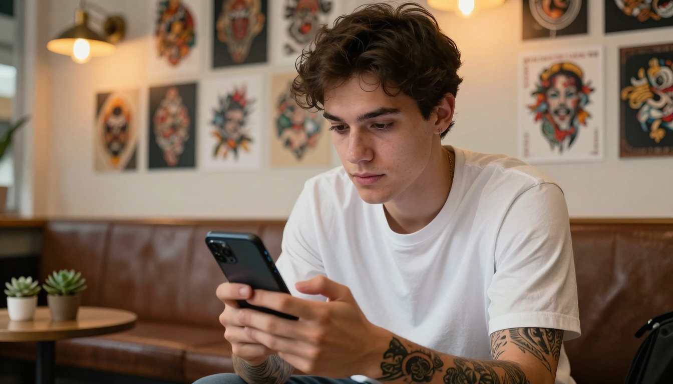 Young man in tattoo studio waiting area scrolling through digital portfolio on his smartphone