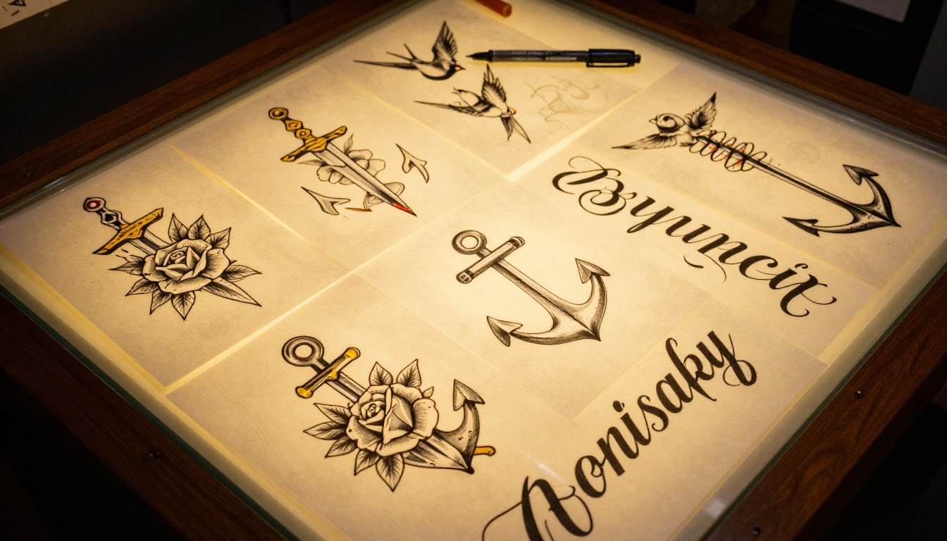 Aerial view of hand-drawn tattoo flash sheets spread across a glowing light table