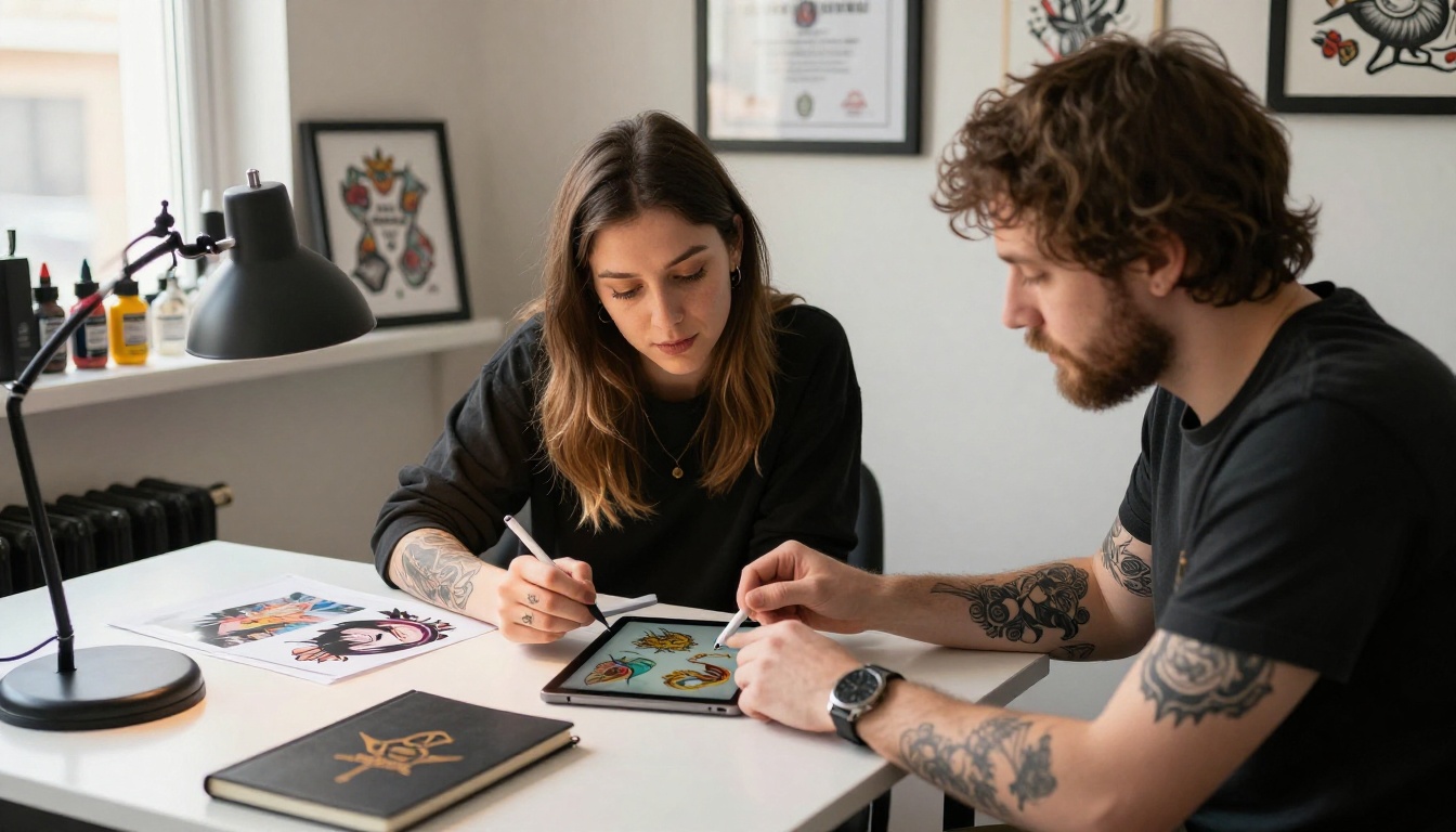 Female tattoo artist in consultation with male client reviewing digital designs on tablet at desk