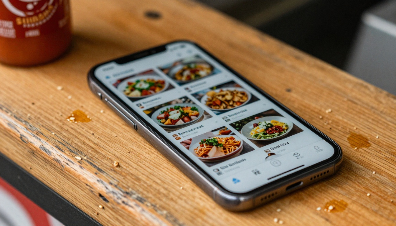 Close-up of a smartphone showing a digital flipbook menu with page-curl animation on a food truck counter