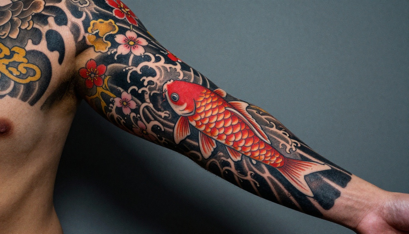 Full Japanese tattoo sleeve featuring koi fish, cherry blossoms, and wave patterns in rich color detail