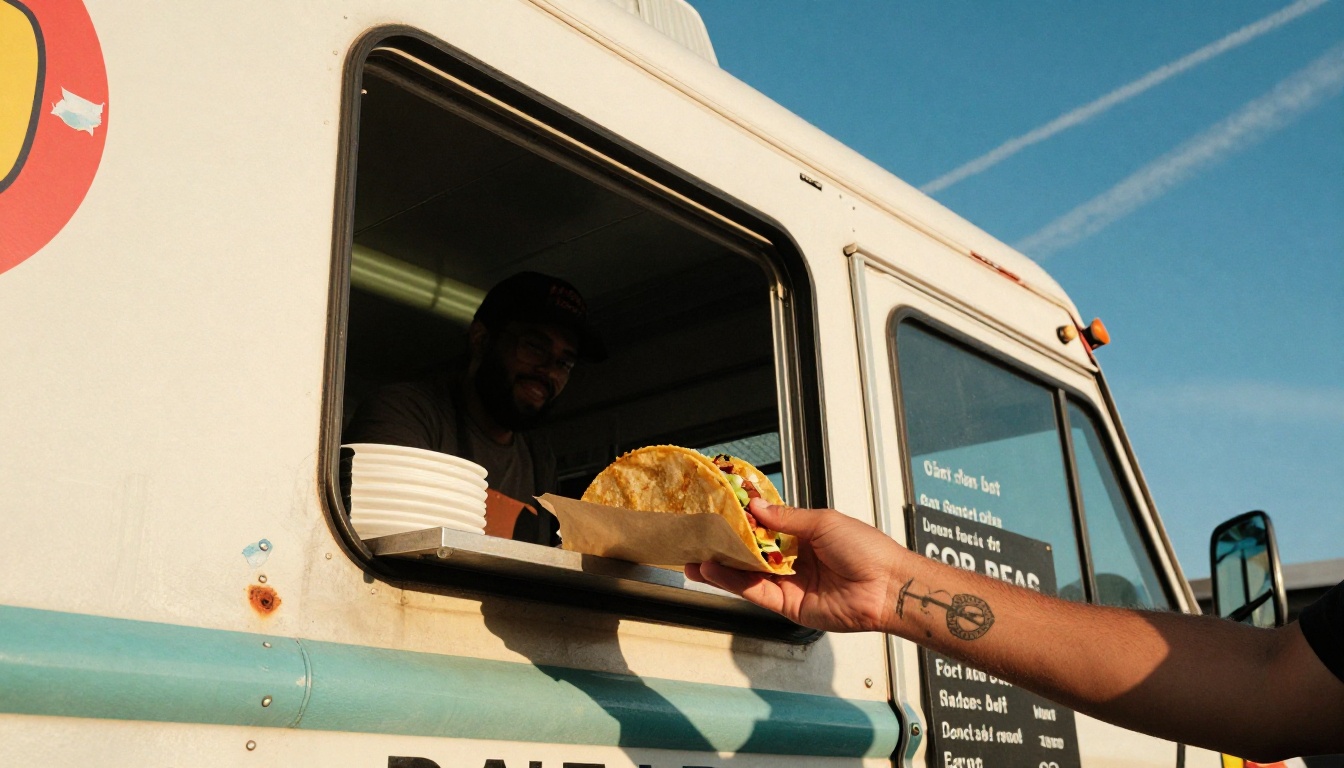 Low-angle shot looking up at a food truck service window, tattooed hand handing down a taco under a clear blue sky