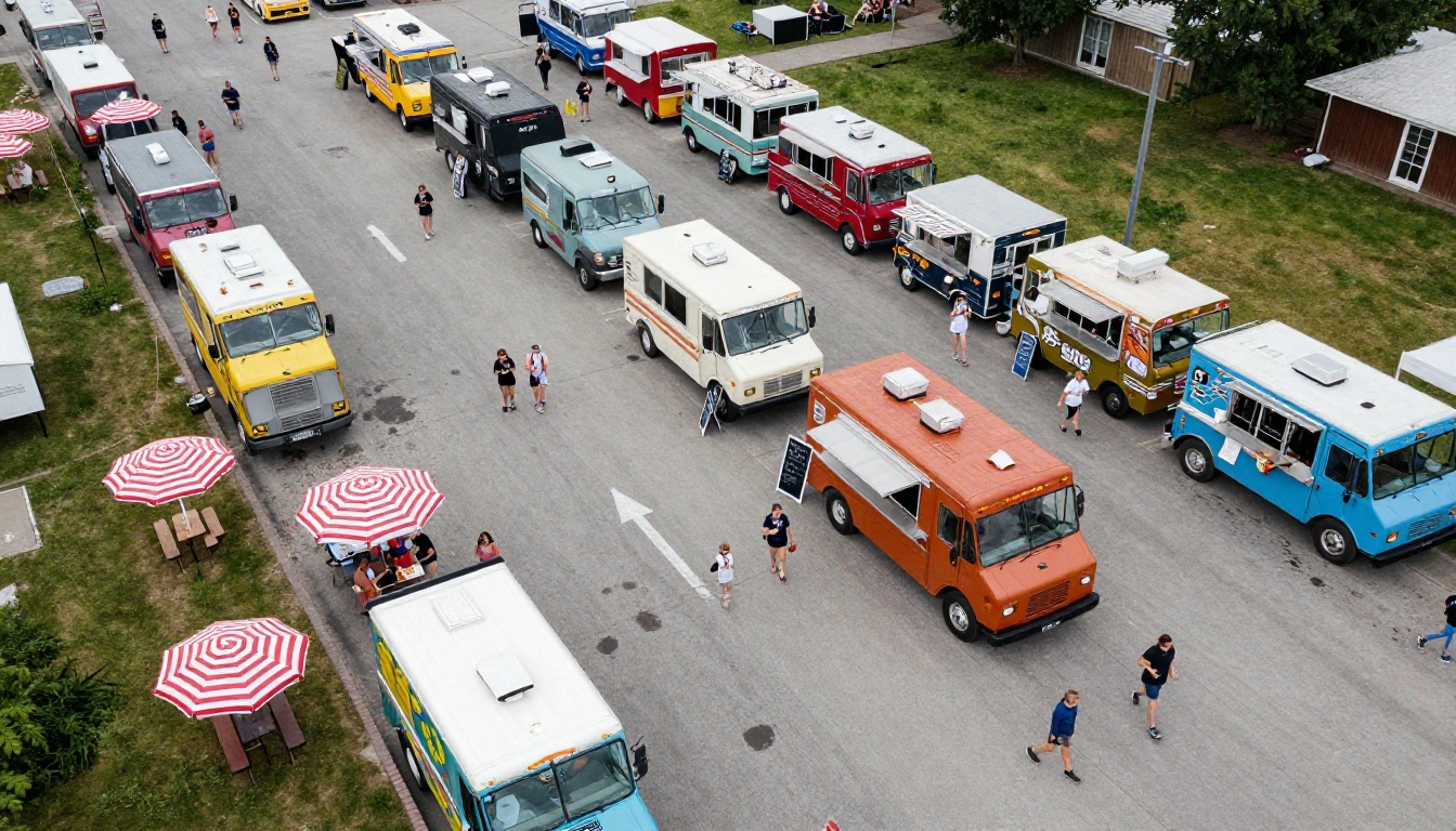 Aerial view of a food truck festival with customers browsing menus on phones