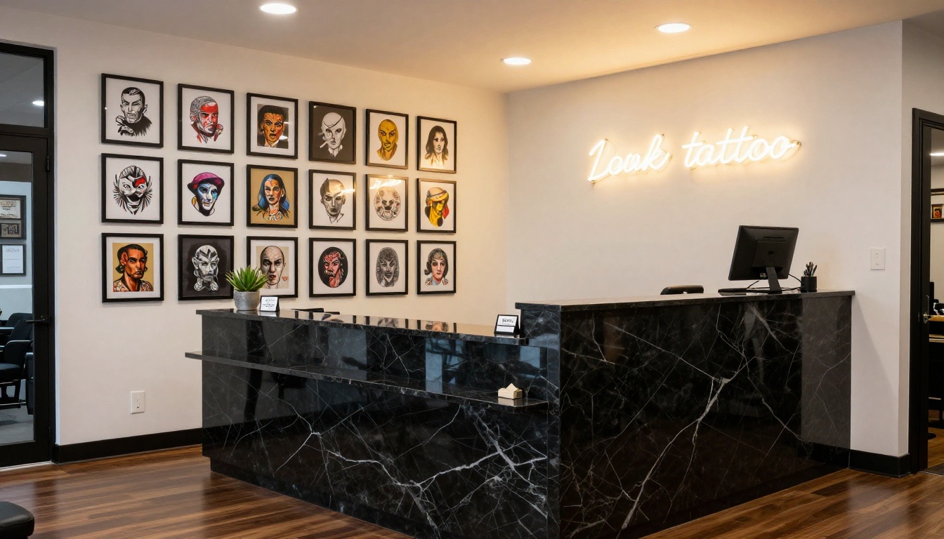 Premium tattoo studio reception area with marble counter, desktop monitor showing digital portfolio, and backlit art display