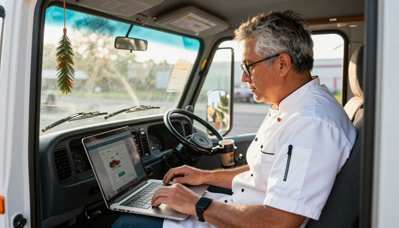 Food truck owner sitting in the cab with a laptop uploading a menu PDF to a digital publishing platform