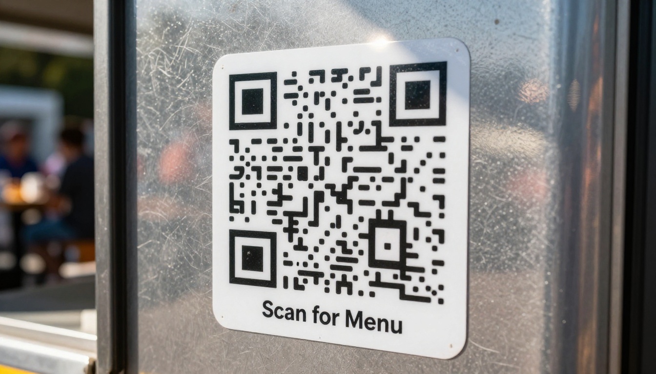 A QR code sticker freshly applied to a food truck's metal side panel in bright midday sunlight