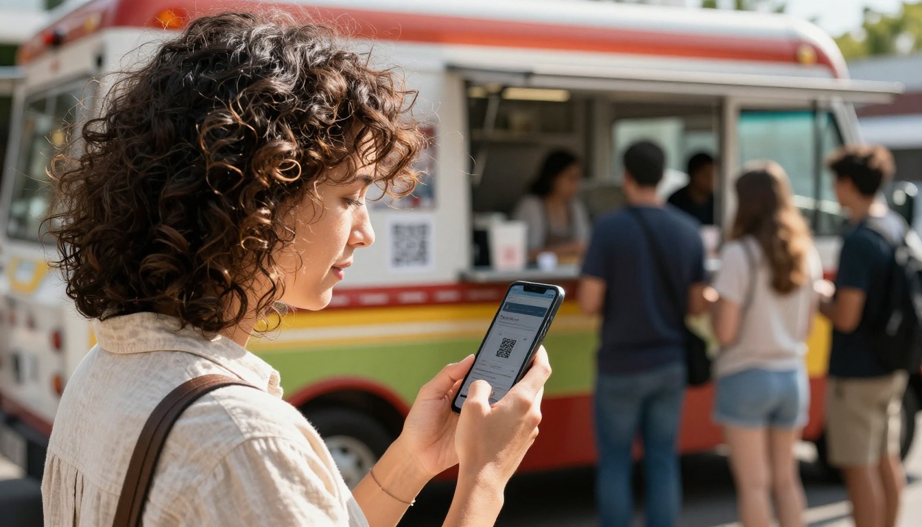 Customer scanning a QR code sticker on a food truck exterior to open a digital menu