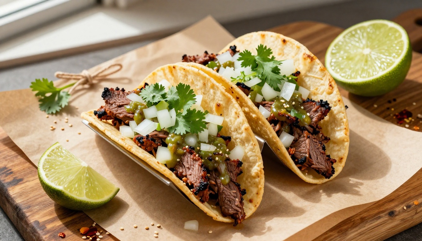 A beautifully plated street taco on parchment paper on a food truck prep surface surrounded by fresh ingredients