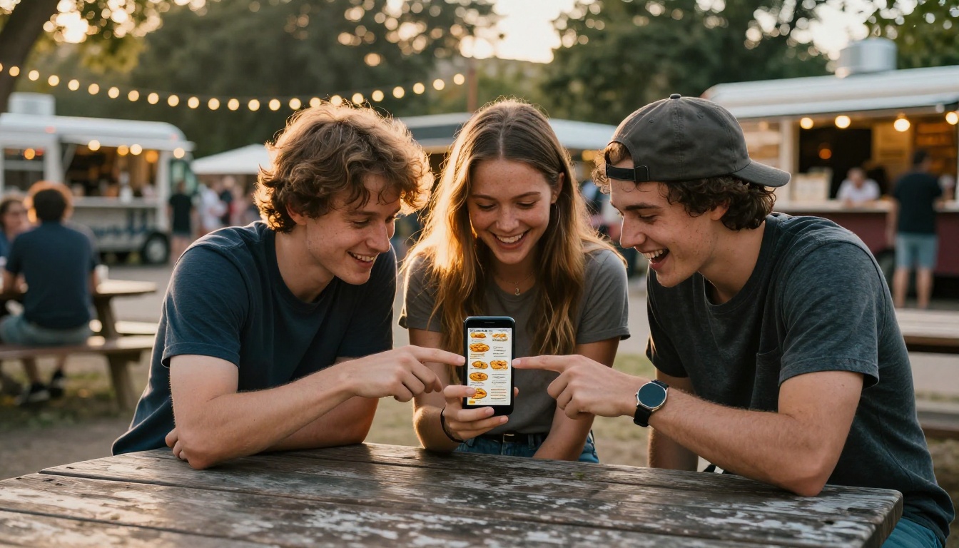 Three friends at a food truck park sharing a phone showing a digital flipbook menu, laughing in golden afternoon light