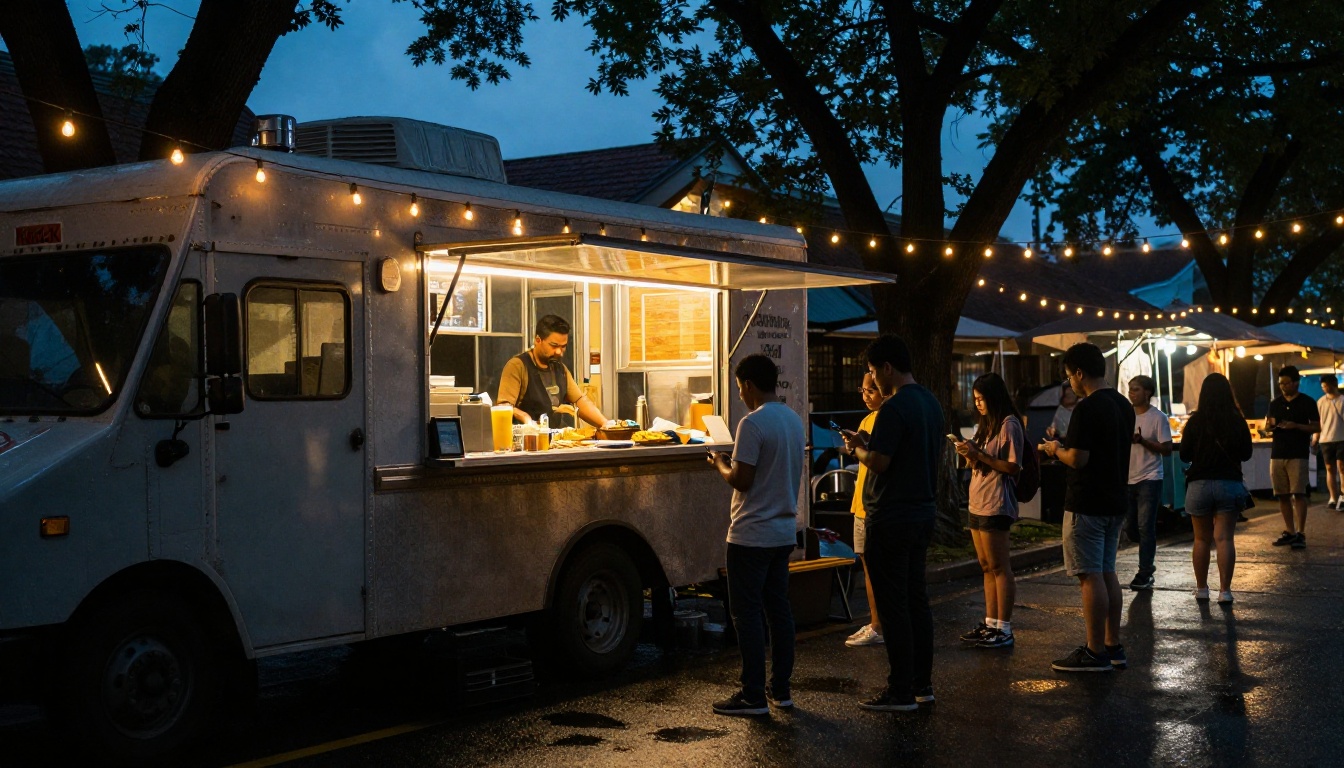 A food truck glowing with warm amber light at a night market, customers queued under festoon lights reflected in rain puddles