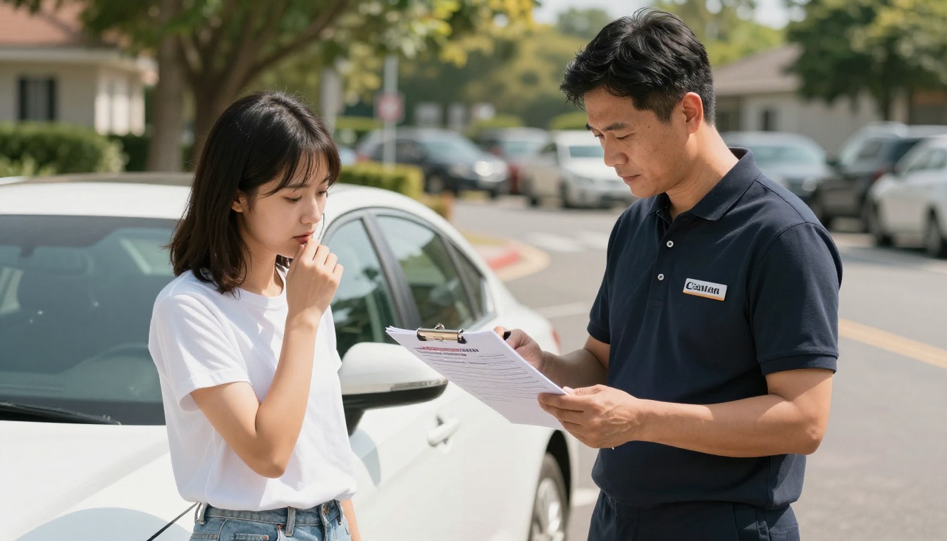 Instructor handing checklist to student beside a car