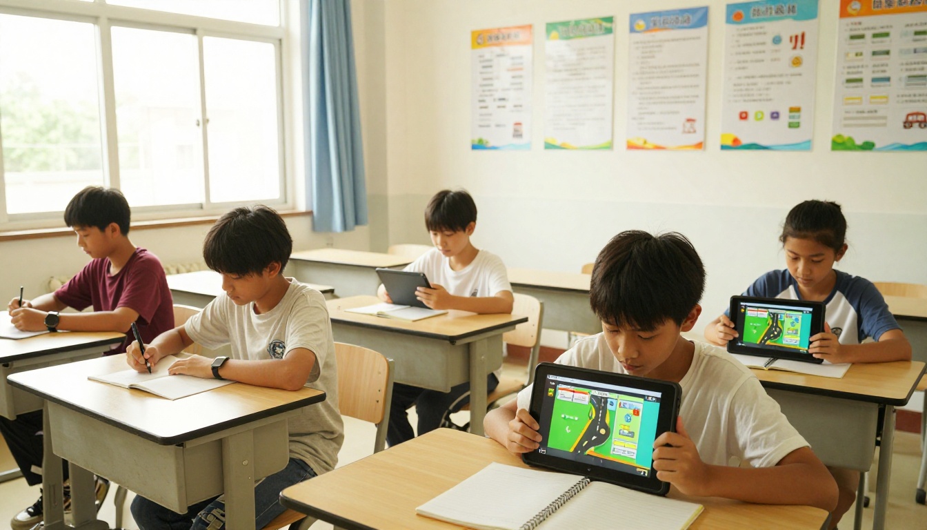 Driving school students using tablets in a classroom