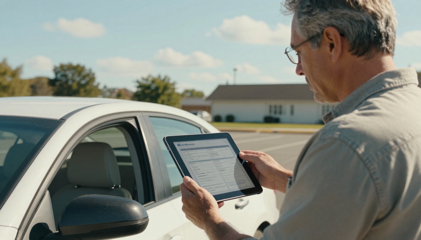 Driving instructor reviewing checklist on tablet beside a car