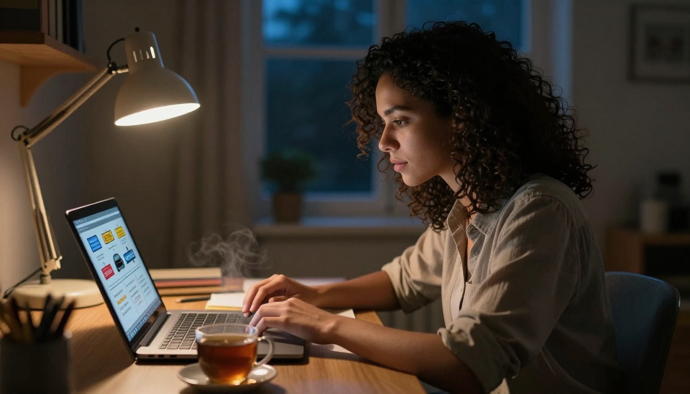 Student studying driving theory on laptop at night