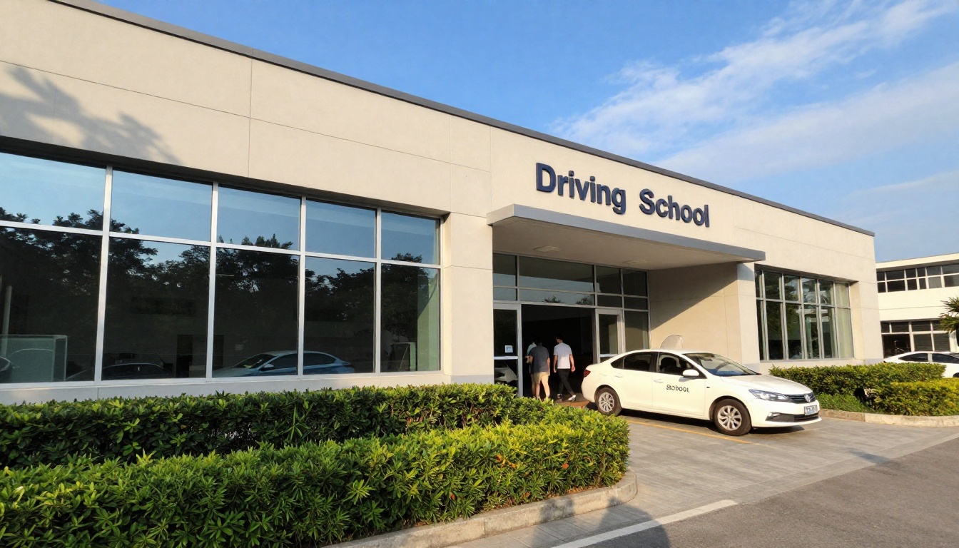 Modern driving school building exterior with professional signage