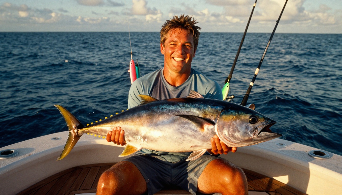 Excited angler holding trophy-sized yellowfin tuna on charter boat deck Excited angler holding trophy-sized yellowfin tuna on charter boat deck