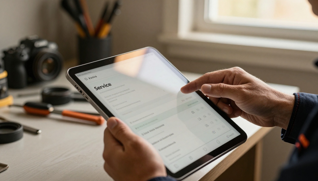 Locksmith hands holding tablet with professional service catalog