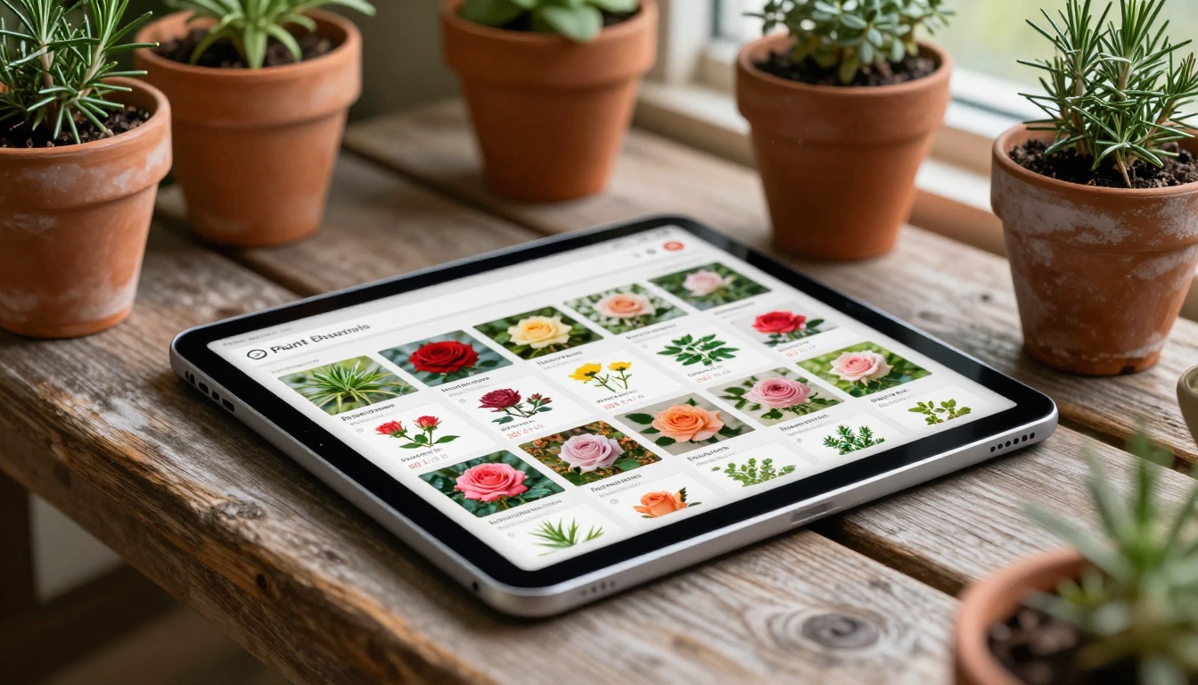 Close-up of a tablet screen showing a digital plant catalog with page-curl effect on a wooden garden potting bench