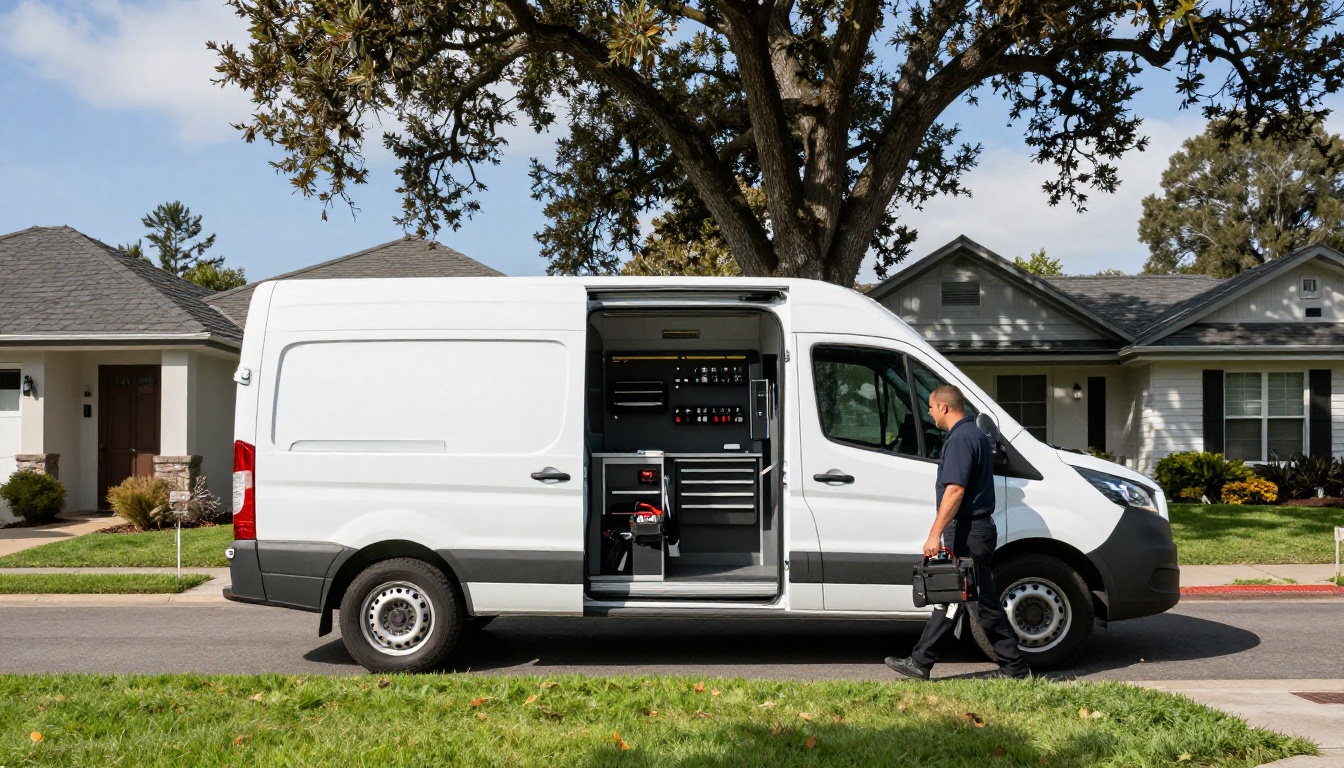 Professional locksmith service van parked outside residential property