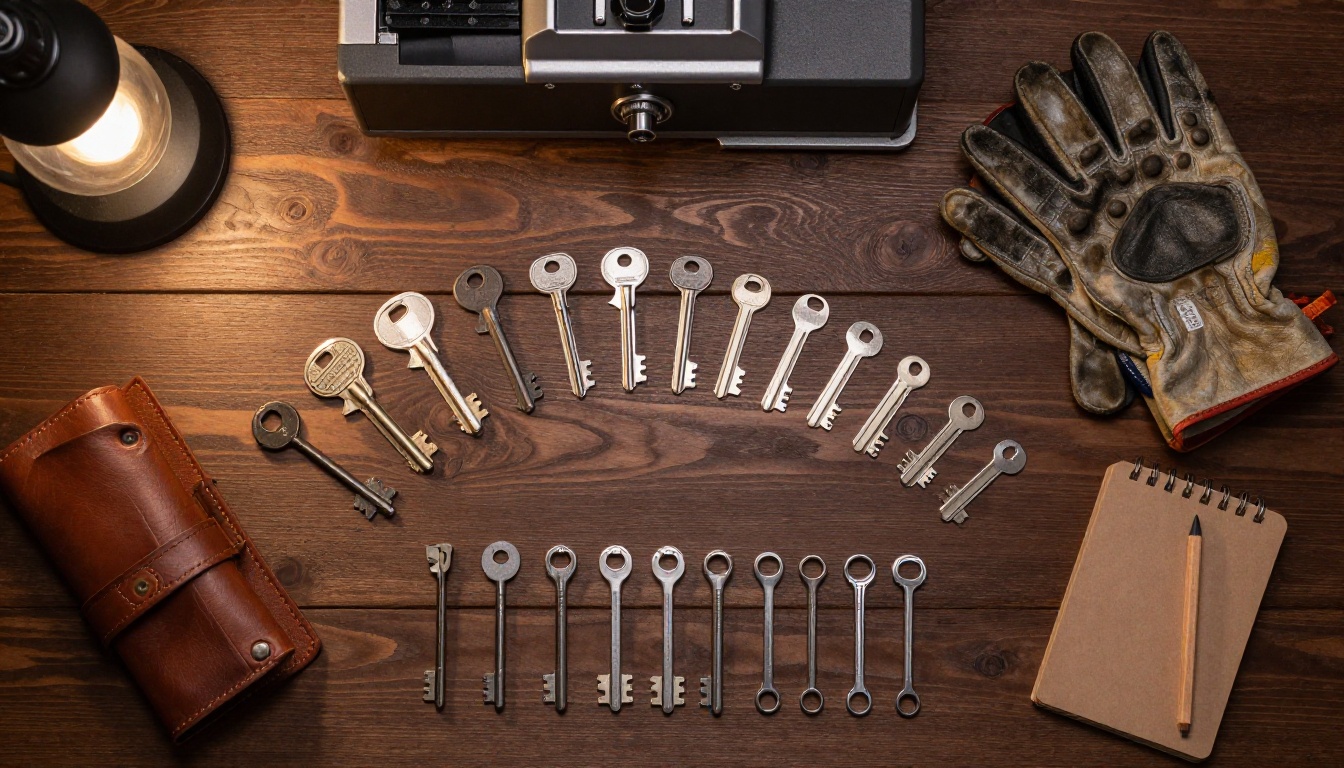 Aerial flat-lay of professional locksmith tools on walnut workbench