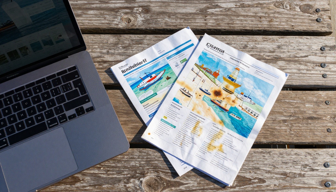 Laptop with digital flipbook beside printed charter brochure on dock table Laptop with digital flipbook beside printed charter brochure on dock table