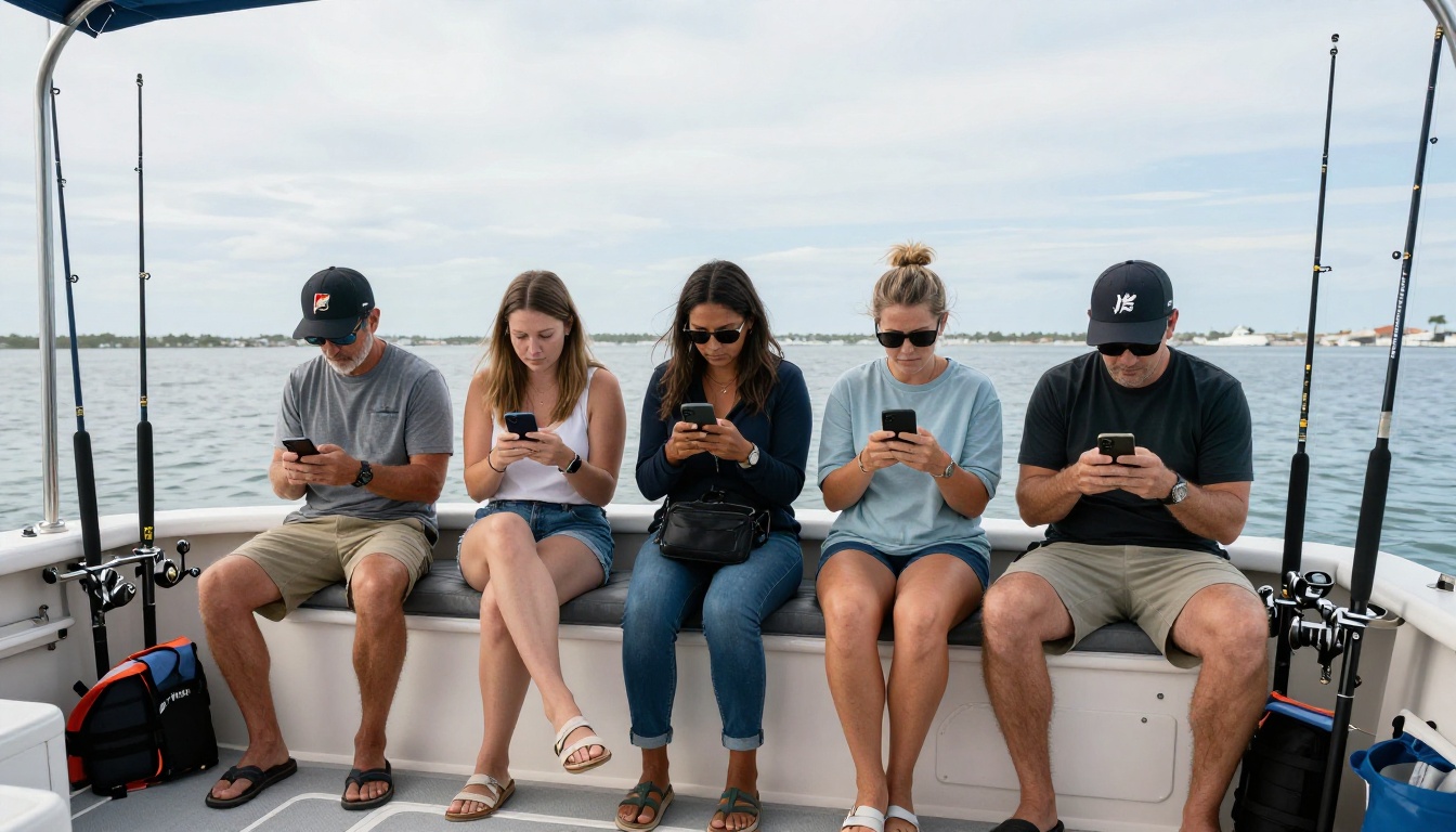 Group of charter fishing clients looking at their smartphones on the boat Group of charter fishing clients looking at their smartphones on the boat